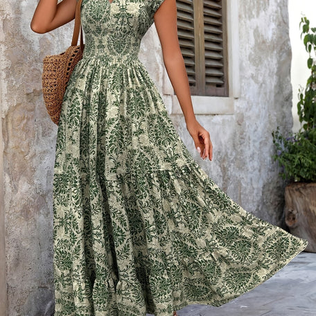 Elegant Printed Patchwork Maxi Dress – V-Neck & Batwing Sleeves