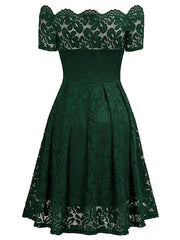 Elegant Off-Shoulder Lace A-Line Dress – Short Sleeve & All-Season
