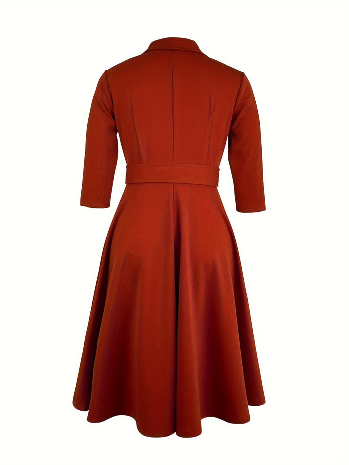 Elegant Belted A-Line Midi Dress, Lapel Collar & Three-Quarter Sleeves, image 2