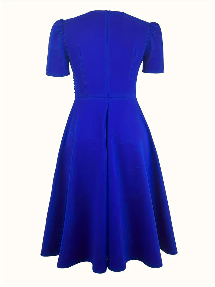 Elegant V-Neck Flowy Knit Dress, Puff Sleeves & Knee-Length, image 2