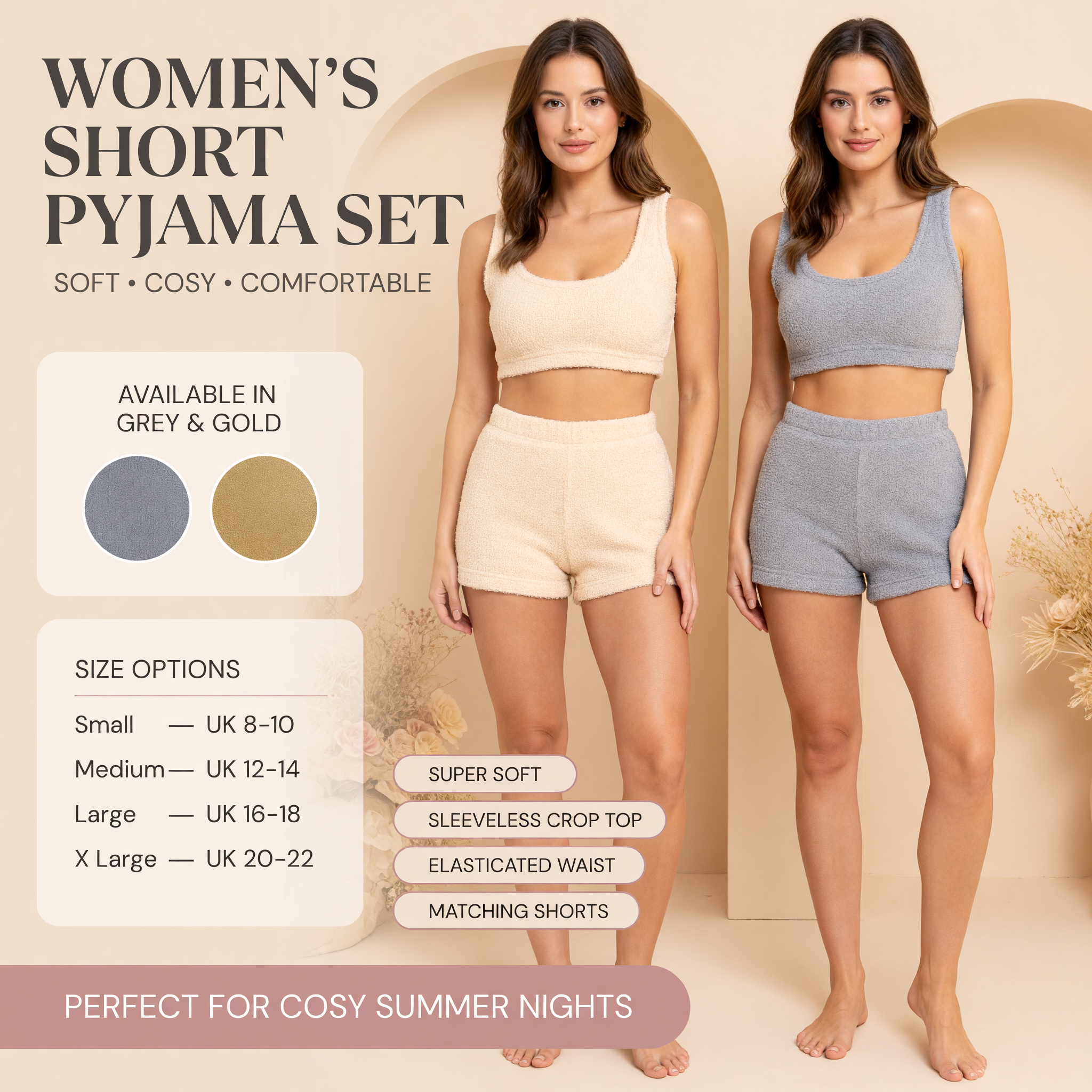 Women's Teddy Fleece Crop Top And Shorts Pyjama Loungewear Set Ultra Soft