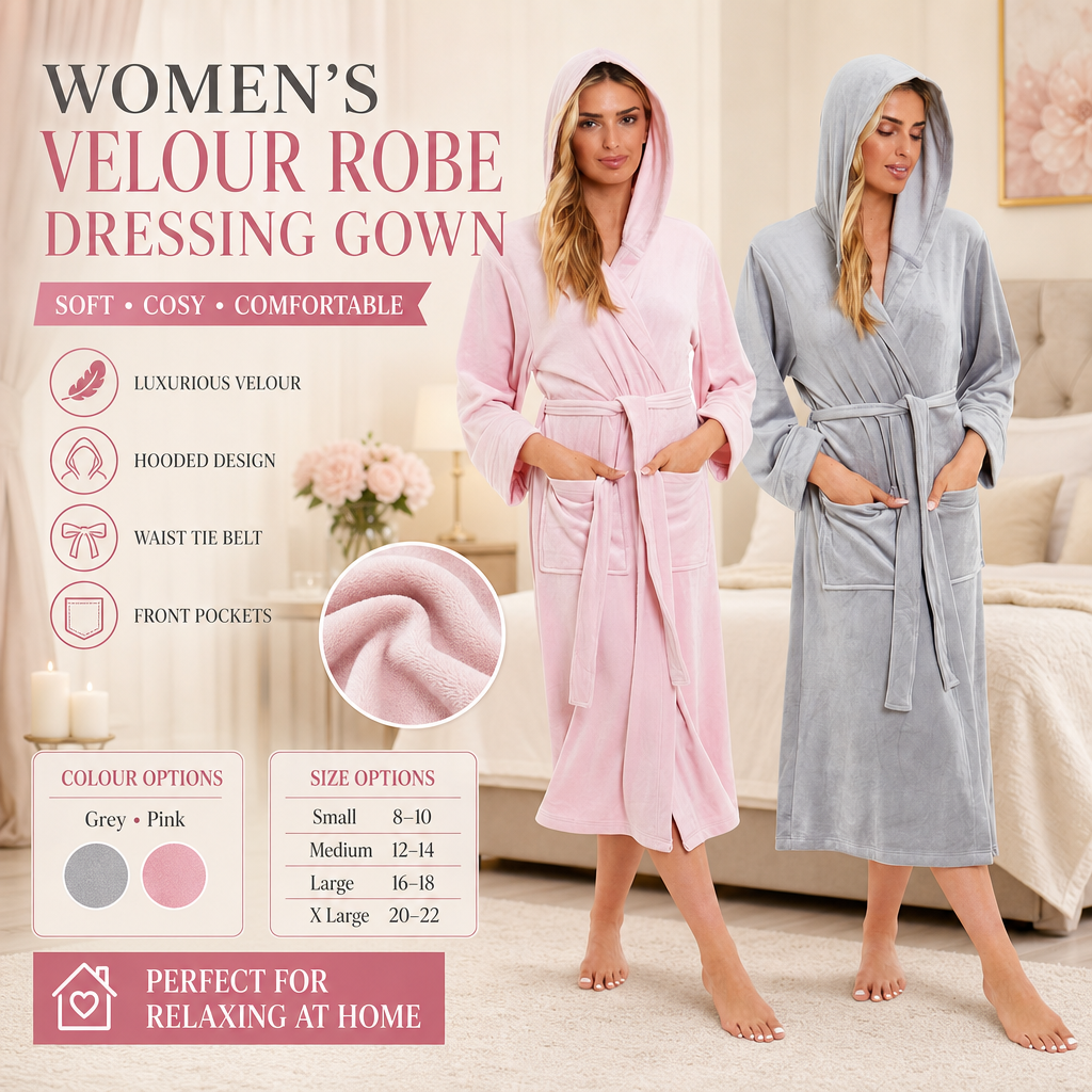 Women's Hooded Velour Bathrobe Ultra Soft Luxurious Pink And Grey