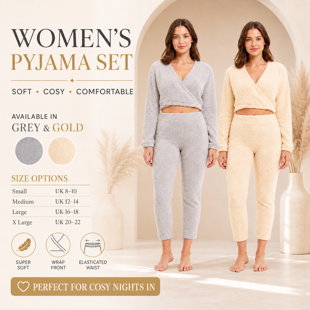 Women's Teddy Fleece Loungewear Set With Long Sleeve Wrap Top And Stretch