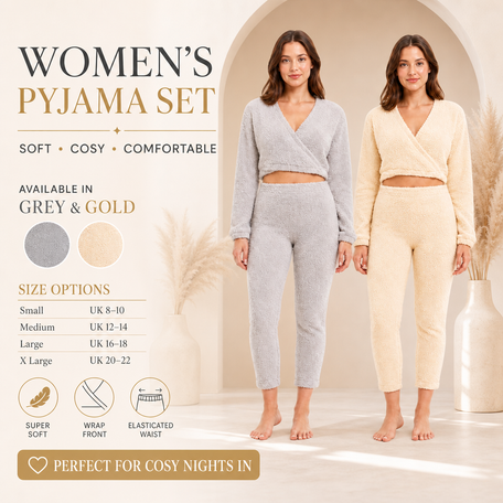 Women's Teddy Fleece Loungewear Set With Long Sleeve Wrap Top And Stretch
