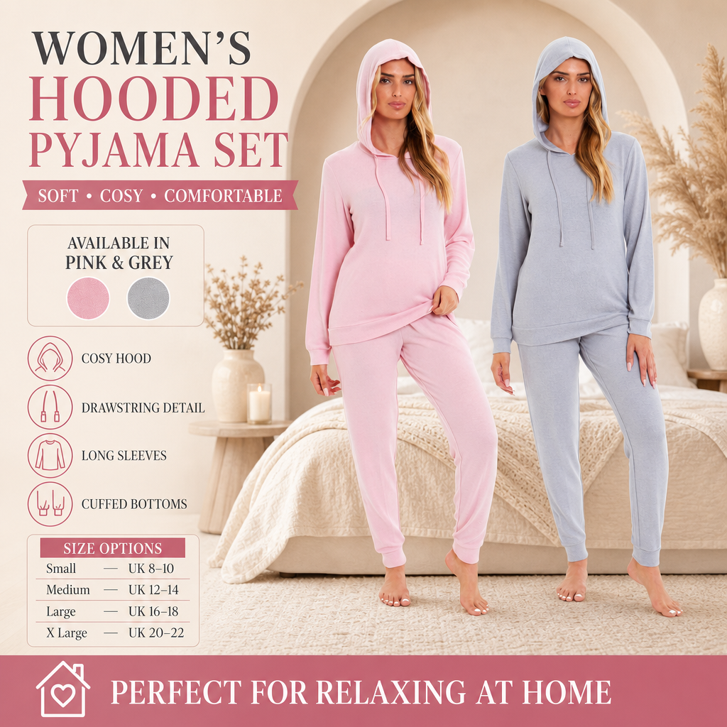 Hooded Pyjama Set Women's Pink Grey Long Sleeve Hoodie and Pants Luxurious
