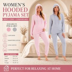 Hooded Pyjama Set Women's Pink Grey Long Sleeve Hoodie and Pants Luxurious