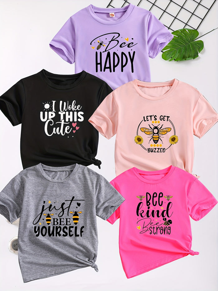 5-Pack Girls' Summer T-Shirts, Cute Bee & Letter Print Crew Neck Tees