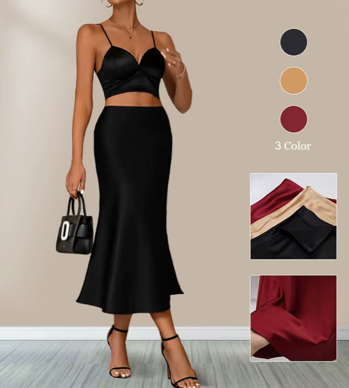 Women's Satin Midi Skirt, High Waist A-Line Silky Pencil Skirt, image 2