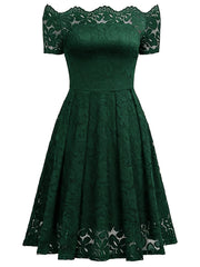 Elegant Off-Shoulder Lace A-Line Dress – Short Sleeve & All-Season