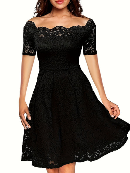 Elegant Off-the-Shoulder Lace Dress – A-Line & Short Sleeve