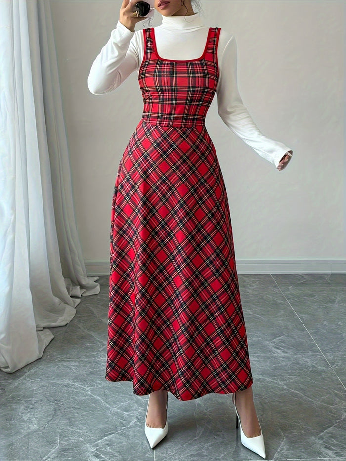 Elegant Tartan A-Line Dress, Sleeveless & Square Neck
