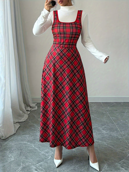 Elegant Tartan A-Line Dress – Sleeveless & Square Neck