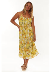 Kua Bay Floral Midi Dress with Shirred Neckline