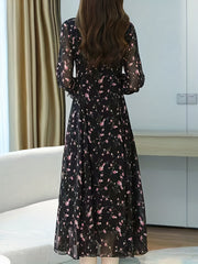 Elegant Ditsy Floral Midi Dress – V-Neck & Lantern Sleeves
