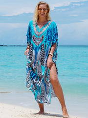 Bohemian Floral V-Neck Kaftan Dress – Loose Fit & Batwing Sleeves