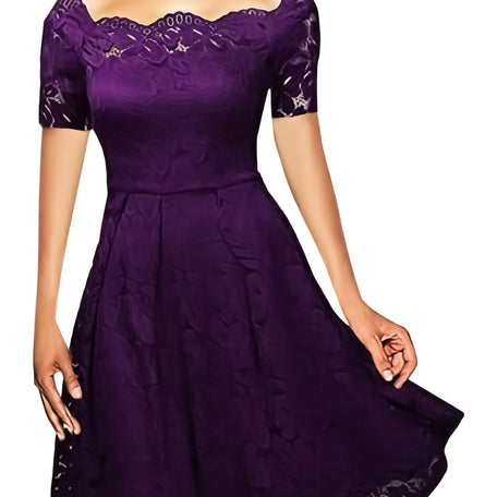 Elegant Off-Shoulder Lace A-Line Dress – Short Sleeve & All-Season