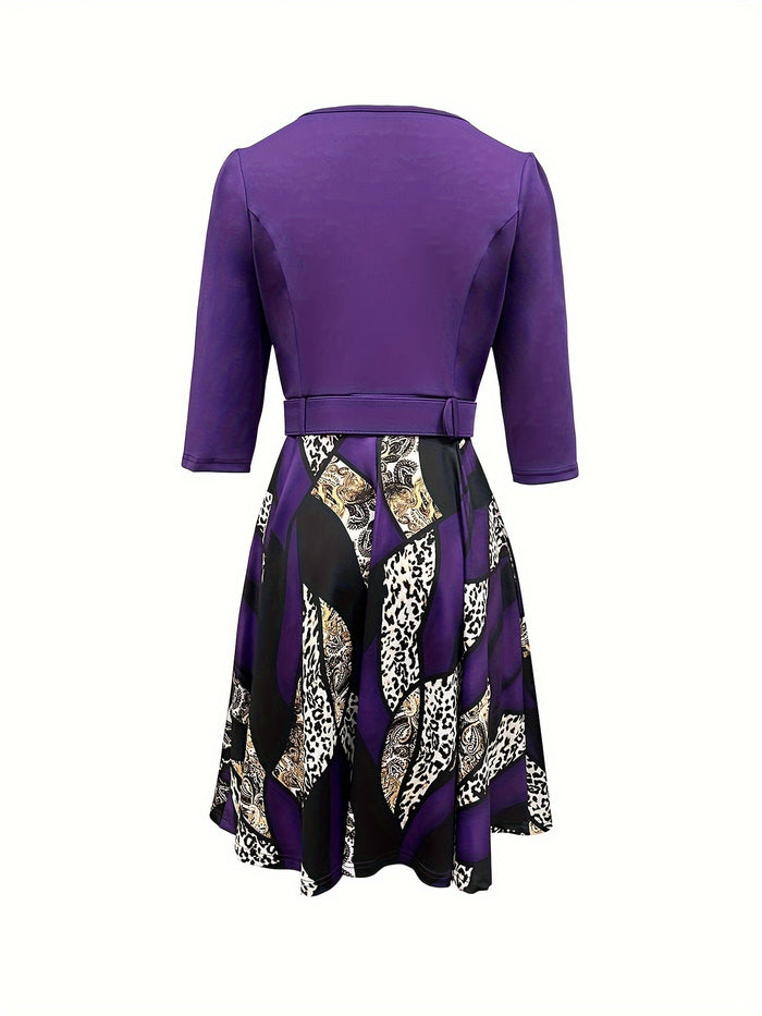 Elegant Leopard Print Zip Dress, Belted & 3/4 Sleeves, image 2