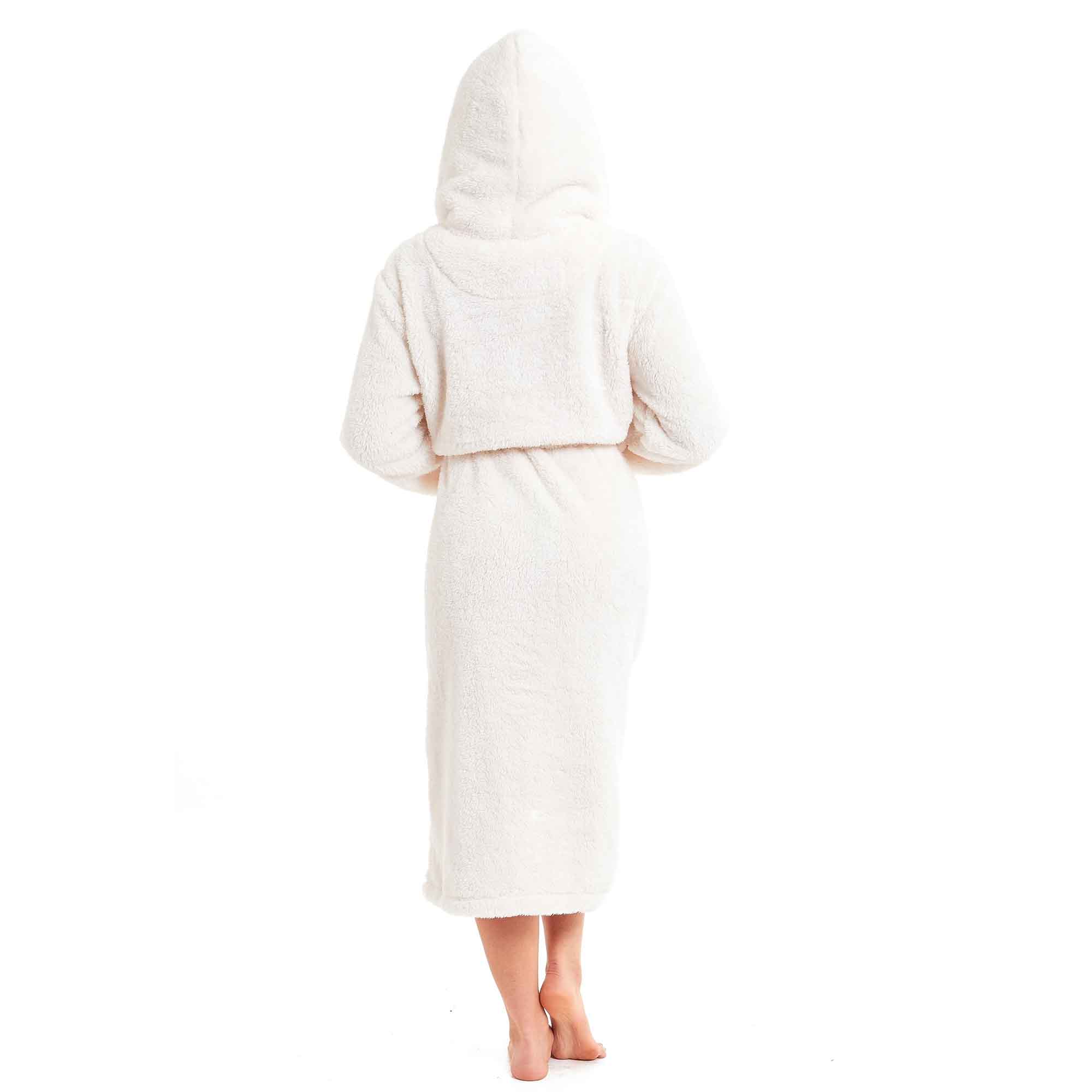 Women's Cream Fleece Touch Hooded Robe Dressing Gown Ultra Soft Loungewear