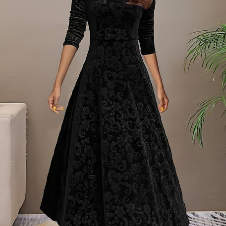 Elegant Floral Velvet A-Line Dress – Square Neck & Long Sleeves