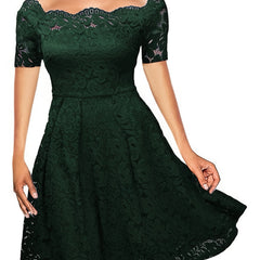 Elegant Off-Shoulder Lace A-Line Dress – Short Sleeve & All-Season