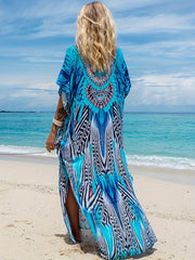 Bohemian Floral V-Neck Kaftan Dress – Loose Fit & Batwing Sleeves