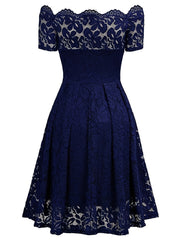Elegant Off-Shoulder Lace A-Line Dress – Short Sleeve & All-Season