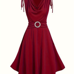 Elegant Red Midi Dress – Cowl Neck & Ruched Shoulders