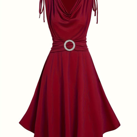 Elegant Red Midi Dress – Cowl Neck & Ruched Shoulders