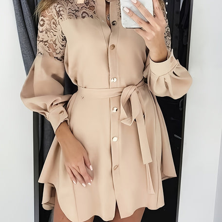 Elegant Long-Sleeve Lace Dress – Buttoned Waist Tie