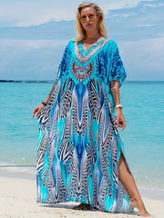 Bohemian Floral V-Neck Kaftan Dress – Loose Fit & Batwing Sleeves