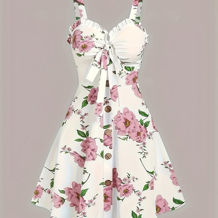 Elegant Floral V-Neck Cami Dress, Sleeveless & Flared, White