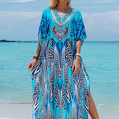 Bohemian Floral V-Neck Kaftan Dress – Loose Fit & Batwing Sleeves