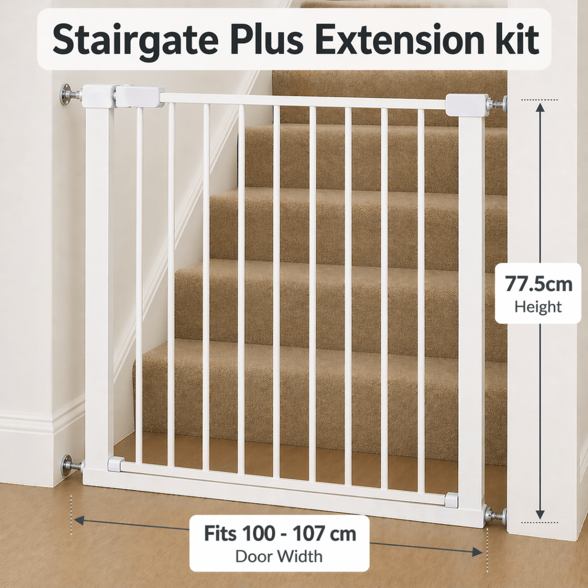 Pressure Fit Stair Gate – White, No Drilling, Fits 77-114cm