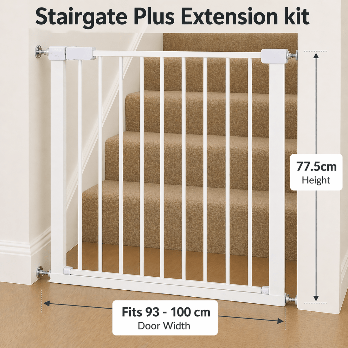 Pressure Fit Stair Gate – White, No Drilling, Fits 77-114cm