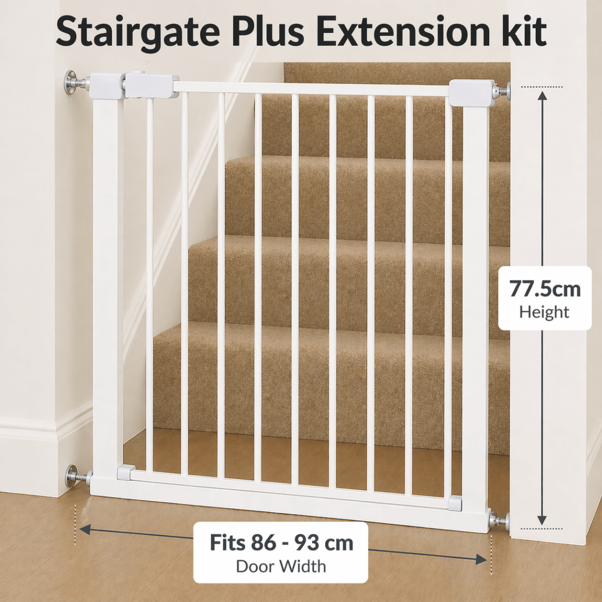 Pressure Fit Stair Gate – White, No Drilling, Fits 77-114cm