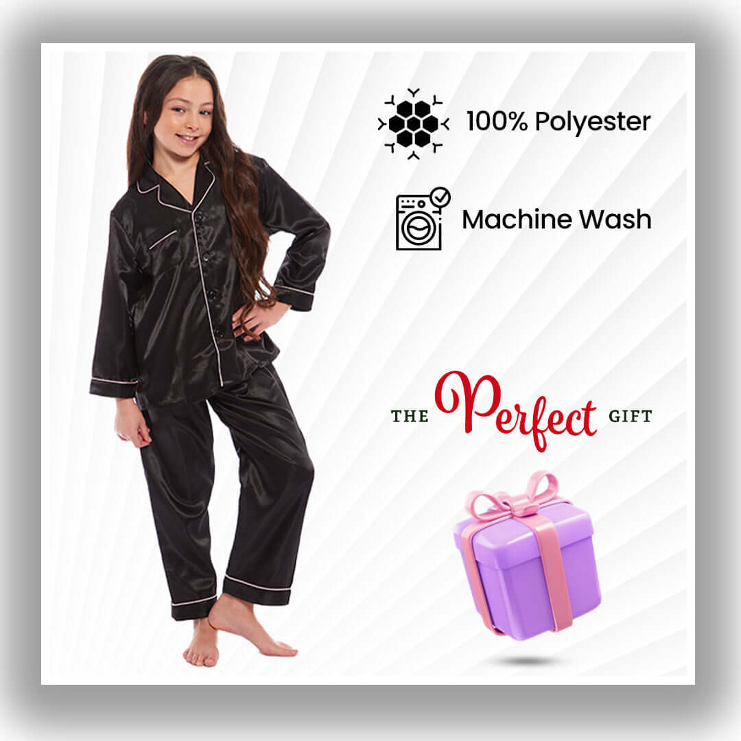 Girls' Satin Silk Pyjama Set Long Sleeve Button Down Sleepwear Luxurious