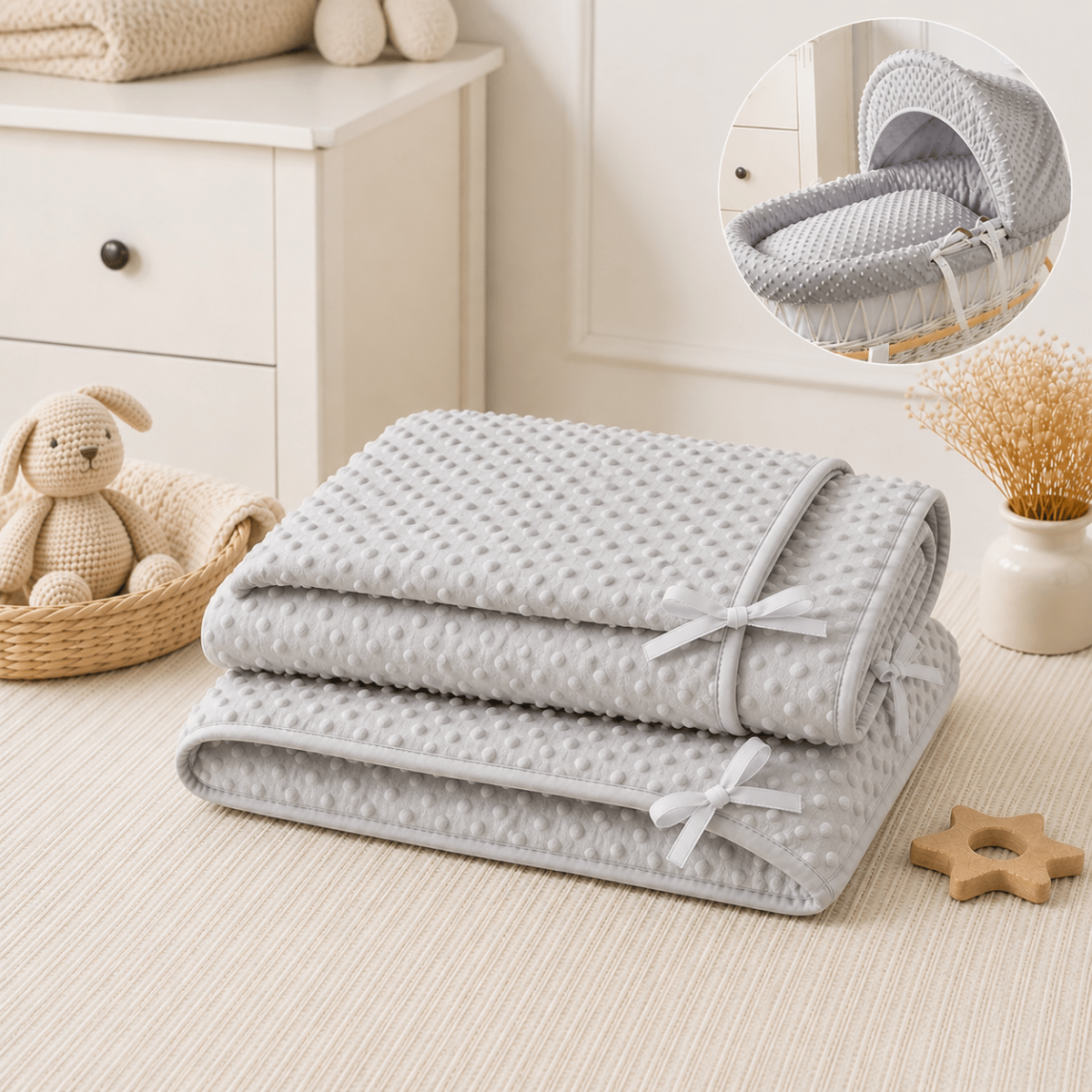 Moses Basket Bedding Set – Grey Dimple, Coverlet & Fitted Sheets