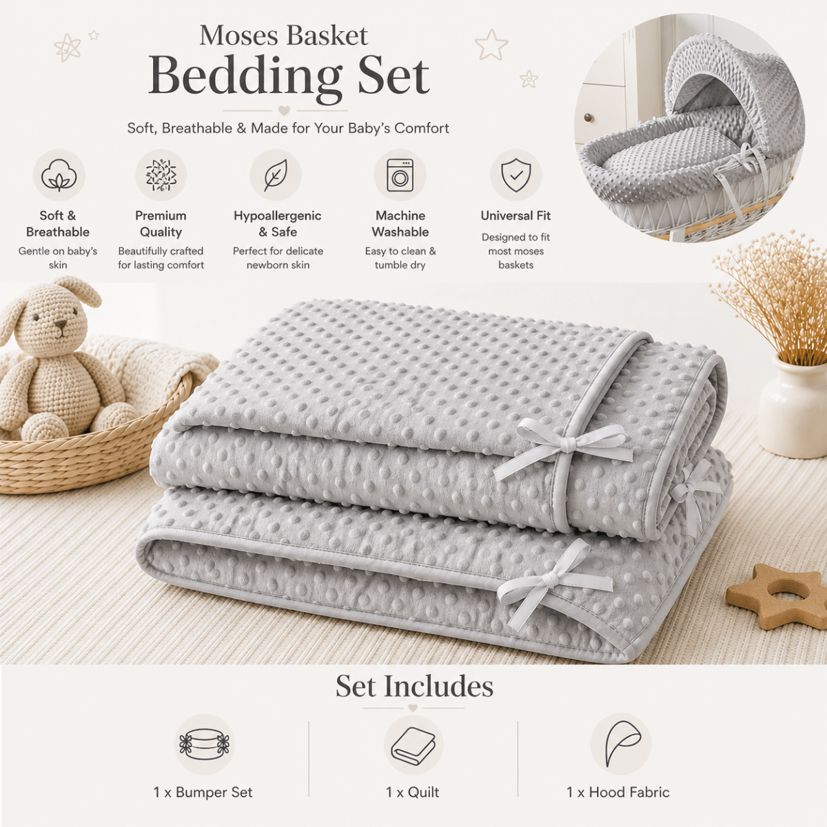 Moses Basket Bedding Set – Grey Dimple, Coverlet & Fitted Sheets