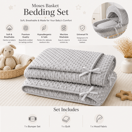 Moses Basket Bedding Set – Grey Dimple, Coverlet & Fitted Sheets