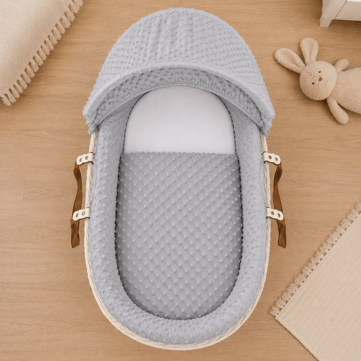 Moses Basket Bedding Set – Grey Dimple, Coverlet & Fitted Sheets