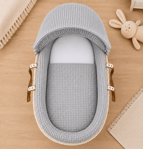 Moses Basket Bedding Set – Grey Waffle, Coverlet & Fitted Sheets