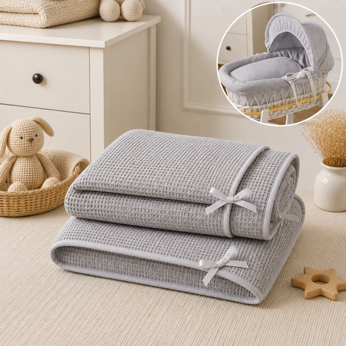 Moses Basket Bedding Set – Grey Waffle, Coverlet & Fitted Sheets