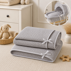 Moses Basket Bedding Set – Grey Waffle, Coverlet & Fitted Sheets