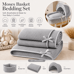 Moses Basket Bedding Set – Grey Waffle, Coverlet & Fitted Sheets