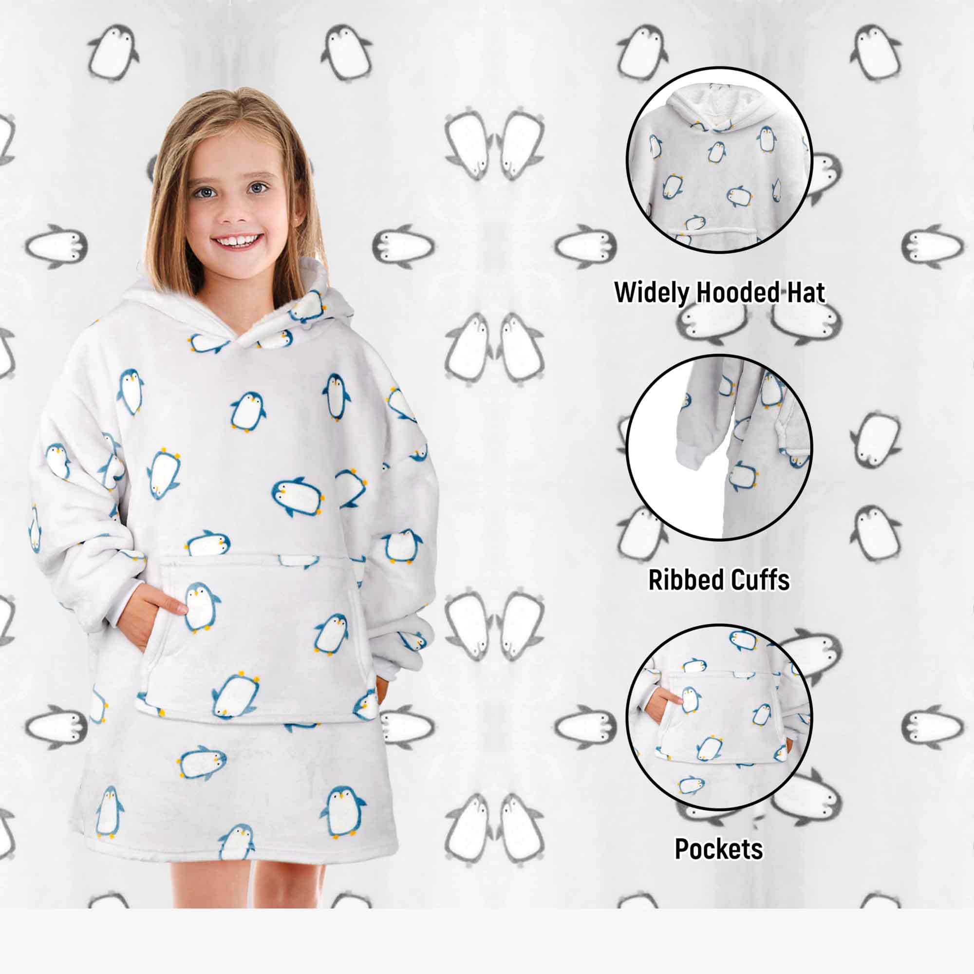 Kids' Oversized Hooded Penguin Blanket Hoodie Plush Flannel Fleece