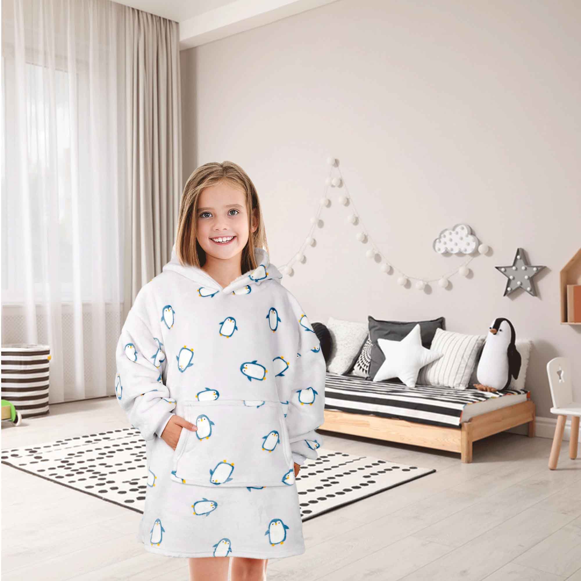 Kids' Oversized Hooded Penguin Blanket Hoodie Plush Flannel Fleece