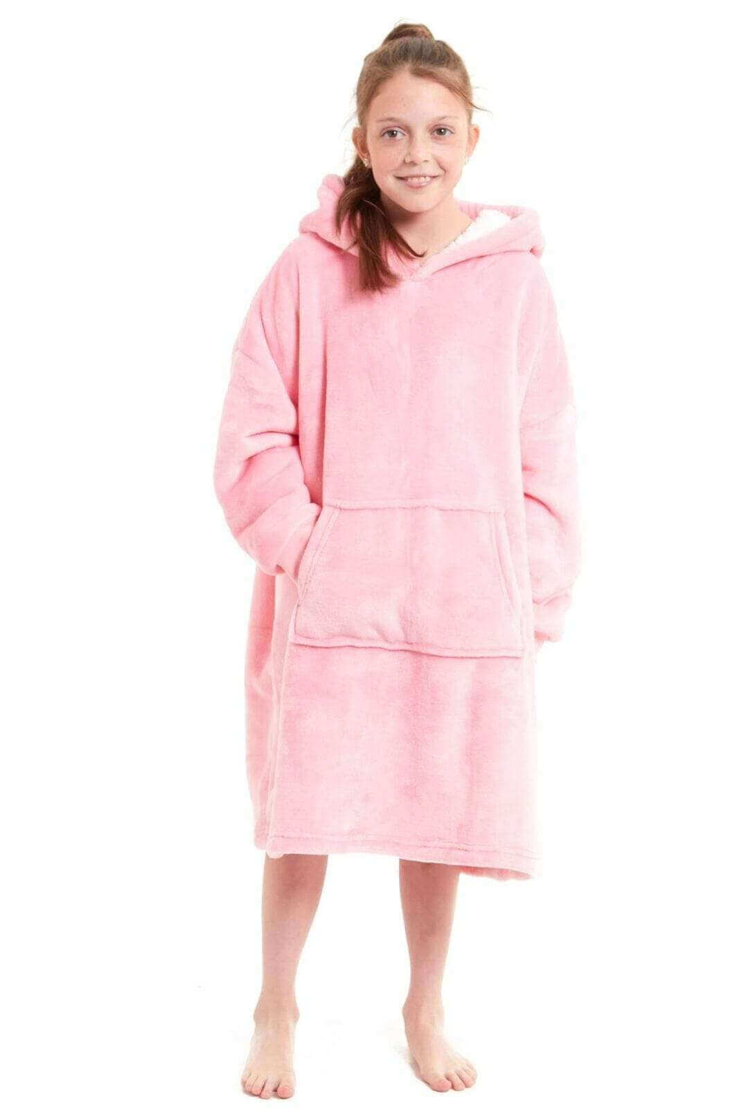 Kids' Oversized Hooded Fleece Blanket With Reversible Sherpa Double Pocket