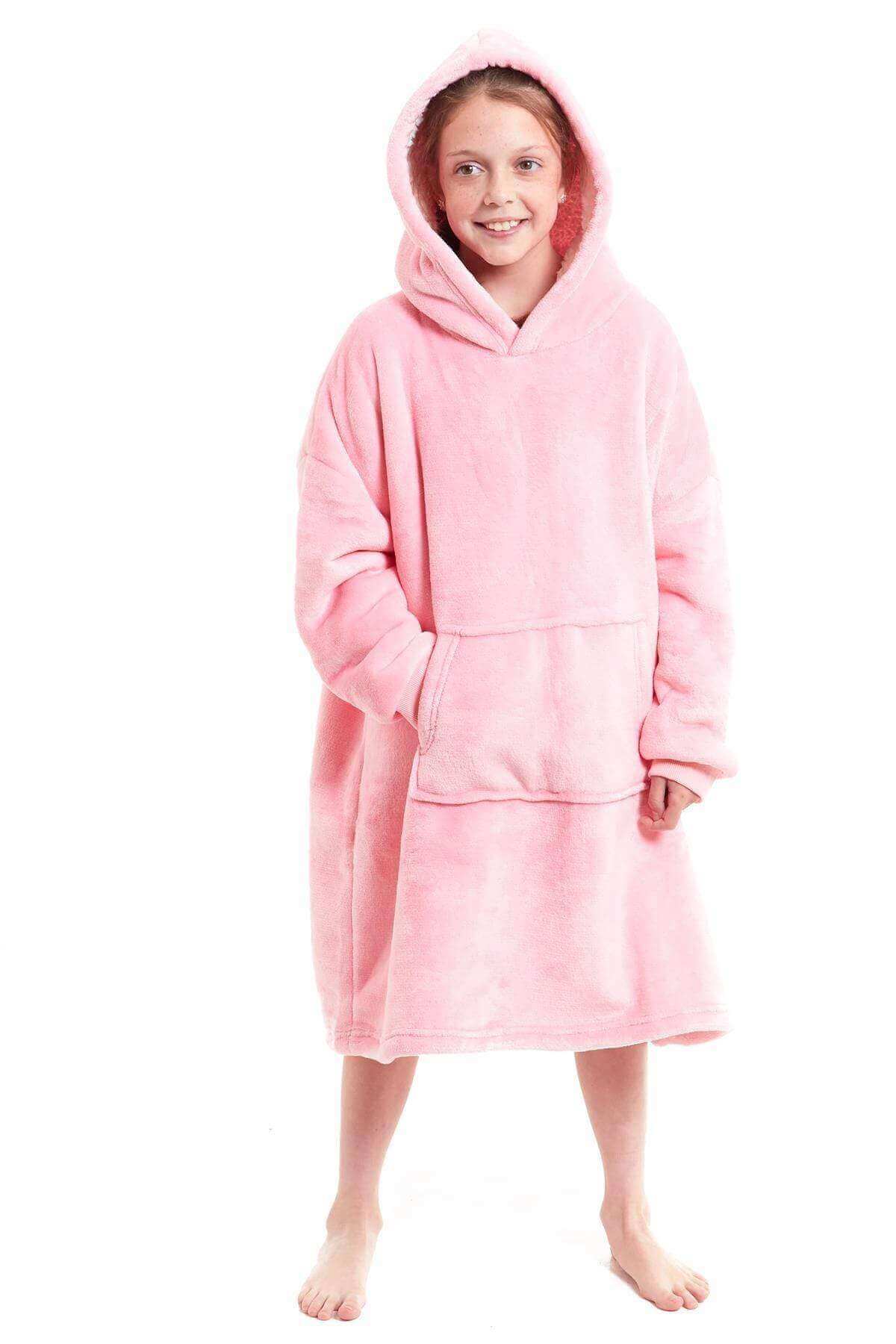 Kids' Oversized Hooded Fleece Blanket With Reversible Sherpa Double Pocket