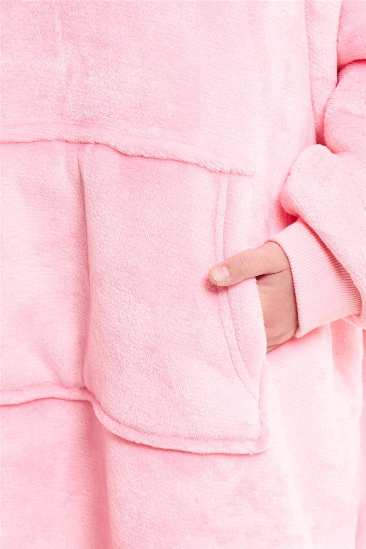 Kids' Oversized Hooded Fleece Blanket With Reversible Sherpa Double Pocket