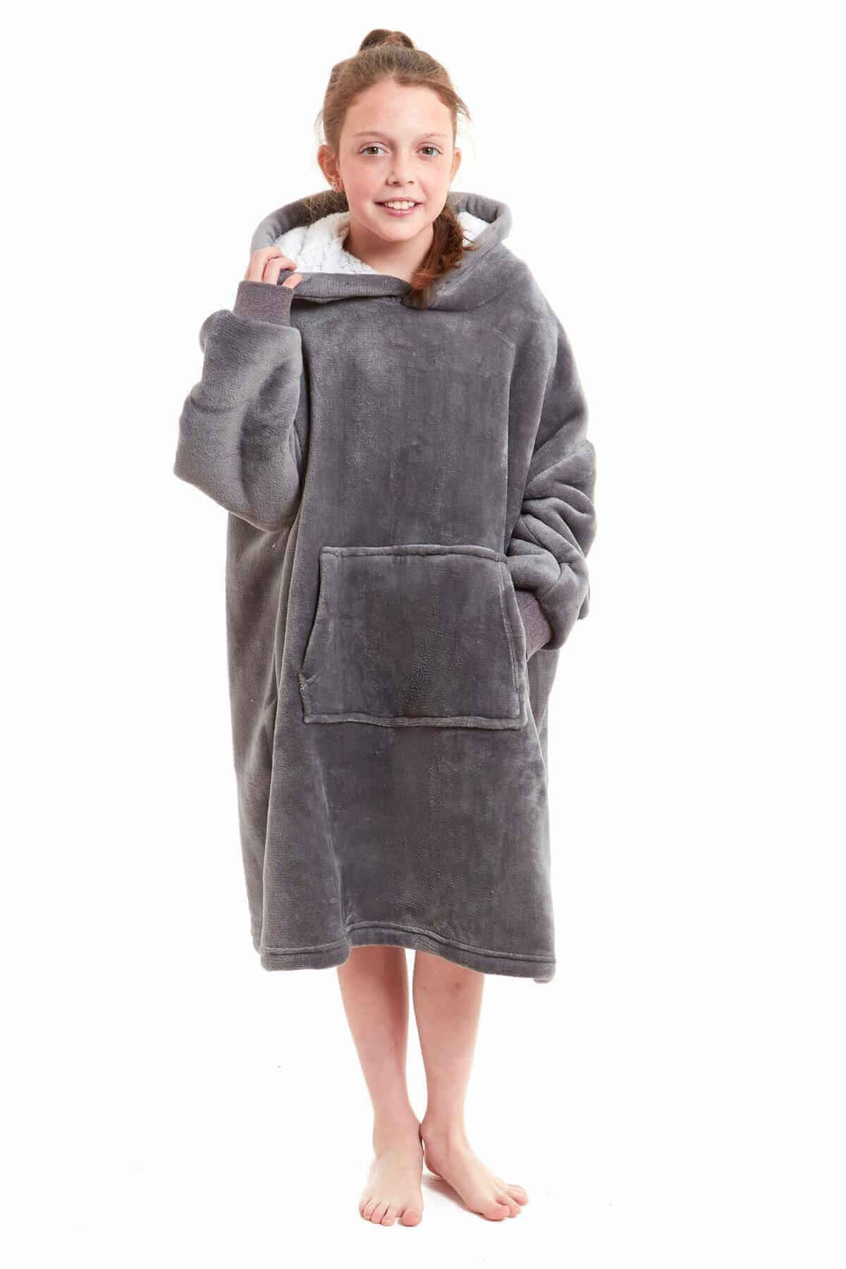 Kids' Oversized Hooded Fleece Blanket With Reversible Sherpa Double Pocket